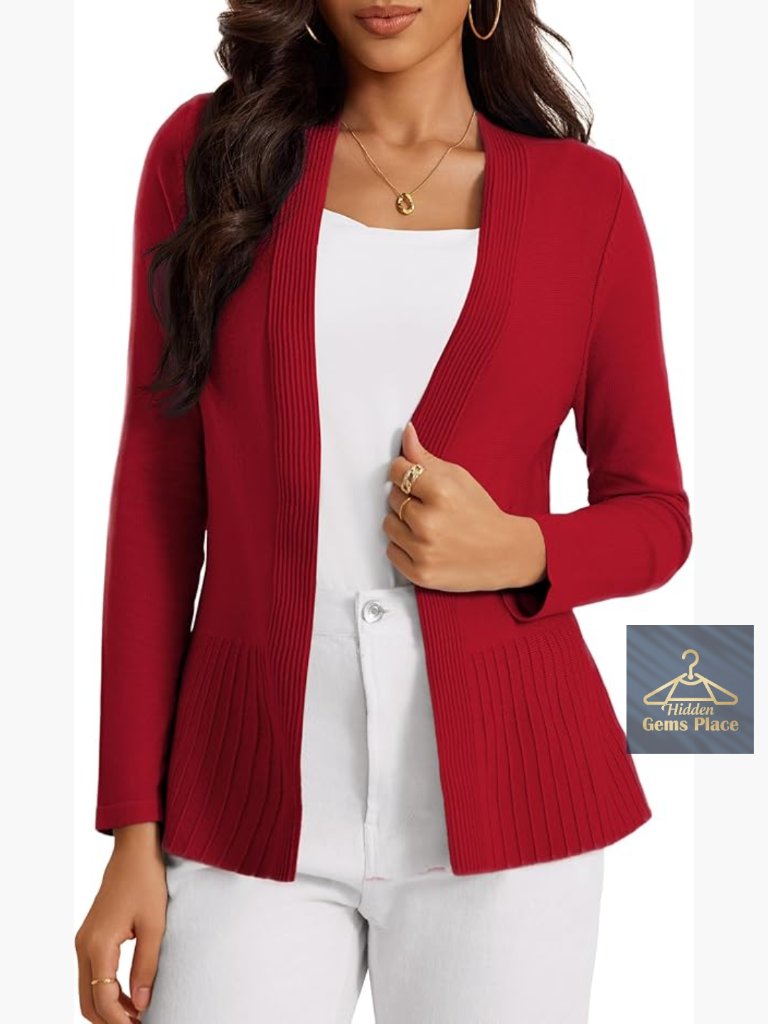 Casual Open Front Cardigan Long Sleeve Rib Knit Draped Sweater